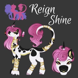Size: 2000x2000 | Tagged: safe, artist:teonnakatztkgs, oc, oc only, hybrid, pony, unicorn, bio in description, black background, bracelet, bust, ear piercing, high res, horn, interspecies offspring, jewelry, neck rings, offspring, parent:discord, parent:rarity, parents:raricord, piercing, reference sheet, ring, simple background, tail, tail ring, unicorn oc
