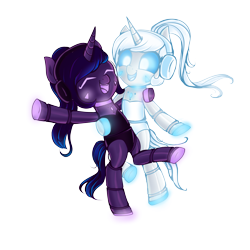 Size: 3000x3000 | Tagged: safe, artist:opal_radiance, oc, oc only, pony, robot, robot pony, unicorn, bipedal, dancing, duo, grin, high res, horn, simple background, smiling, transparent background, unicorn oc