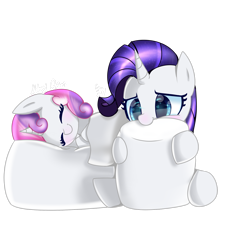 Size: 1920x2112 | Tagged: safe, artist:opal_radiance, rarity, sweetie belle, pony, unicorn, g4, cute, diasweetes, duo, eyelashes, eyes closed, female, filly, foal, food, hug, mare, marshmallow, pillow, pillow hug, raribetes, simple background, sleeping, transparent background