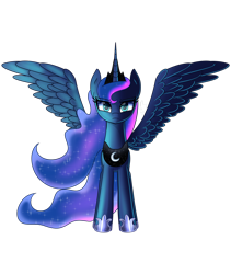Size: 1920x2270 | Tagged: safe, artist:opal_radiance, princess luna, alicorn, pony, g4, crown, ethereal mane, ethereal tail, female, front view, hoof shoes, jewelry, looking at you, mare, peytral, princess shoes, regalia, simple background, solo, spread wings, starry mane, tail, tiara, transparent background, wings