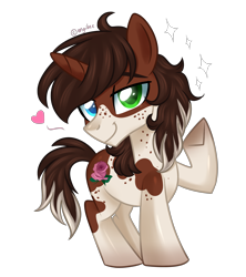 Size: 2945x3313 | Tagged: safe, artist:kaikururu, oc, oc only, pony, unicorn, freckles, heart, heterochromia, high res, horn, male, raised hoof, simple background, solo, stallion, transparent background, underhoof, unicorn oc