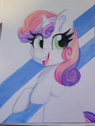 Size: 1536x2048 | Tagged: safe, artist:lbrcloud, sweetie belle, pony, unicorn, g4, abstract background, smiling, solo, traditional art