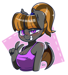 Size: 1500x1639 | Tagged: safe, alternate character, alternate version, artist:lou, oc, oc only, oc:mythic dawn, bat pony, anthro, bat pony oc, bust, commission, ear fluff, eyebrows, eyebrows visible through hair, female, grin, hair tie, nose wrinkle, outline, peace sign, pink background, ponytail, purple eyes, signature, simple background, smiling, solo, transparent background, white outline, ych result
