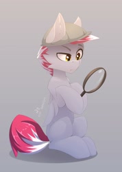 Size: 2140x3000 | Tagged: oc name needed, safe, artist:n_thing, oc, oc only, pegasus, pony, blank flank, cheek fluff, ear fluff, eyebrows, folded wings, gray background, gray coat, hat, high res, magnifying glass, pegasus oc, raised eyebrow, signature, simple background, sitting, solo, wings, yellow eyes