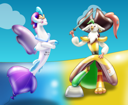 Size: 2750x2250 | Tagged: safe, artist:bladedragoon7575, captain celaeno, queen novo, griffon, seapony (g4), g4, my little pony: the movie, amputee, balloon, beach, beak, clothes, cloud, crown, dorsal fin, feather, female, fin wings, fins, fish tail, flowing tail, hat, high res, inflatable, jewelry, open mouth, peg leg, prosthetic leg, prosthetic limb, prosthetics, purple eyes, purple wings, red eyes, regalia, sky, smiling, sword, tail, water, weapon, wings