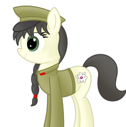 Size: 2552x2576 | Tagged: safe, alternate version, anonymous artist, oc, oc only, oc:mokran, earth pony, pony, braid, clothes, earth pony oc, female, hat, high res, hooves, mare, military uniform, nation ponies, north korea, ponified, simple background, smiling, solo, tail, transparent background, uniform