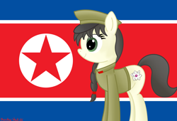 Size: 3920x2672 | Tagged: safe, alternate version, anonymous artist, oc, oc only, oc:mokran, pony, braid, clothes, female, flag, hat, high res, military uniform, nation ponies, north korea, north korean flag, ponified, solo, uniform