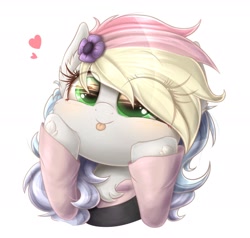 Size: 1920x1826 | Tagged: safe, artist:phoenixrk49, oc, oc only, oc:blazey sketch, pegasus, pony, :p, blushing, bust, chest fluff, clothes, cute, ear fluff, emanata, eye clipping through hair, eye reflection, female, flower, flower in hair, gray coat, heart, hoof on cheek, hooves on cheeks, mare, multicolored hair, pegasus oc, reflection, simple background, solo, squishy cheeks, tongue out, white background