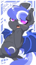 Size: 1079x1920 | Tagged: safe, artist:phoenixrk49, oc, oc only, bat pony, pony, bat pony oc, fangs, female, hoof on chin, looking at you, mare, open mouth, solo, starry eyes, stars, text, wingding eyes