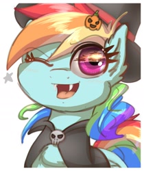 Size: 1677x1998 | Tagged: safe, artist:phoenixrk49, rainbow dash, pegasus, pony, bust, clothes, eye reflection, fangs, female, hat, looking at you, mare, one eye closed, open mouth, open smile, reflection, simple background, skull, smiling, smiling at you, solo, stars, white background, wink, winking at you