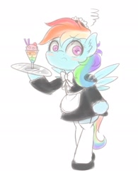 Size: 1496x1920 | Tagged: safe, artist:phoenixrk49, rainbow dash, pegasus, semi-anthro, g4, arm hooves, blushing, clothes, drink, drinking straw, female, french maid, looking at you, maid, maid headdress, mare, plate, rainbow maid, simple background, solo, stockings, thigh highs, white background