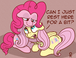 Size: 1232x947 | Tagged: safe, artist:doodledonutart, fluttershy, pinkie pie, earth pony, pegasus, pony, g4, cuddling, female, floppy ears, lesbian, mare, ship:flutterpie, shipping