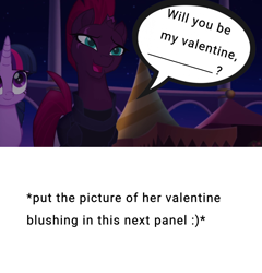 Size: 1414x1472 | Tagged: safe, artist:decokenite, fizzlepop berrytwist, tempest shadow, twilight sparkle, alicorn, pony, unicorn, g4, asking, female, holiday, insert picture, mare, photo, shipping, speech bubble, text, twilight sparkle (alicorn), valentine, valentine's day