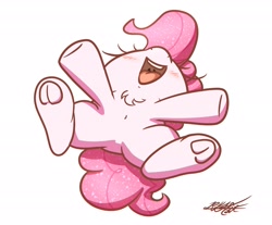 Size: 2048x1692 | Tagged: safe, alternate version, artist:phoenixrk49, pinkie pie, earth pony, pony, g4, belly button, butt, chest fluff, featureless crotch, female, frog (hoof), mare, nose in the air, open mouth, open smile, plot, signature, simple background, smiling, solo, underhoof, white background