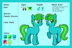 Size: 1920x1275 | Tagged: safe, artist:alexdti, oc, oc only, oc:kimi, pony, unicorn, female, full body, hooves, horn, mare, open mouth, open smile, raised hoof, raised leg, reference sheet, smiling, solo, standing, tail, two toned mane, two toned tail, unicorn oc