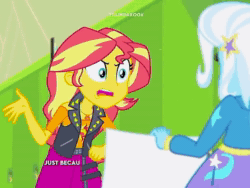 Size: 768x576 | Tagged: safe, edit, edited screencap, screencap, sunset shimmer, trixie, equestria girls, equestria girls specials, g4, my little pony equestria girls: better together, my little pony equestria girls: forgotten friendship, animated, clothes, cutie mark on clothes, duo, duo female, female, geode of empathy, jacket, jewelry, leather, leather jacket, lockers, magical geodes, necklace, open mouth, smiling, sound, tiktok, webm