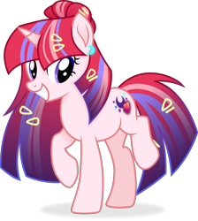 Size: 3158x3520 | Tagged: safe, artist:cirillaq, oc, oc only, oc:scarlet moonlight, pony, unicorn, female, full body, grin, high res, hooves, horn, mare, multicolored mane, multicolored tail, raised hoof, raised leg, shadow, show accurate, simple background, smiling, solo, standing, standing on two hooves, tail, transparent background, unicorn oc