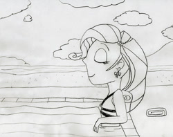 Size: 1024x813 | Tagged: safe, artist:736berkshire, rarity, equestria girls, g4, beach, bikini, bikini top, clothes, ear piercing, eyes closed, female, monochrome, piercing, solo, swimming pool, swimsuit, traditional art