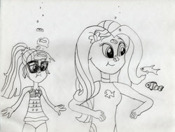 Size: 1280x969 | Tagged: safe, artist:736berkshire, fluttershy, sci-twi, twilight sparkle, fish, equestria girls, g4, bubble, clothes, duo, duo female, female, fluttershy's one-piece swimsuit, monochrome, one-piece swimsuit, sci-twi swimsuit, swimsuit, traditional art, underwater