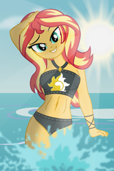 Size: 1329x2000 | Tagged: safe, artist:emeraldblast63, artist:sumin6301, sunset shimmer, equestria girls, bare shoulders, based on art, belly button, breasts, busty sunset shimmer, clothes, female, inspired by another artist, ocean, sexy, sleeveless, solo, stupid sexy sunset shimmer, sunset shimmer's beach shorts swimsuit, swimsuit, water