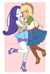 Size: 2305x3400 | Tagged: safe, artist:4phr0sd3l0s, applejack, rarity, equestria girls, g4, blushing, clothes, cute, dress, eyes closed, female, freckles, heart, high res, hug, jackabetes, lesbian, one eye closed, open mouth, pink background, raribetes, rarity peplum dress, ship:rarijack, shipping, simple background, skirt, smiling