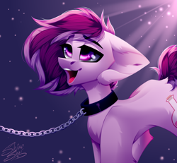 Size: 3000x2767 | Tagged: safe, artist:shinoshai, oc, oc only, oc:lavender love, earth pony, pony, big ears, chains, collar, concave belly, high res, leash, male, open mouth, slender, solo, stallion, thin