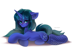 Size: 2300x1700 | Tagged: safe, artist:zlatavector, oc, oc only, oc:arclight, pony, unicorn, blushing, clothes, commission, female, fishnet stockings, looking at you, lying down, mare, solo, stockings, thigh highs