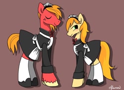 Size: 1486x1080 | Tagged: safe, artist:oc_ponys, big macintosh, braeburn, earth pony, pony, g4, blushing, clothes, crossdressing, duo, embarrassed, eyes closed, maid, maid headdress, male, smiling, socks, stallion, wavy mouth, white socks