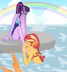 Size: 1797x1920 | Tagged: safe, artist:grapefruit-face, sci-twi, sunset shimmer, twilight sparkle, mermaid, equestria girls, base used, bikini, bikini top, blushing, clothes, ear fins, eyes closed, feet, female, fetish, fish tail, foot fetish, hand over mouth, kissing, lesbian, mermaid tail, mermaidized, one-piece swimsuit, rainbow, scitwishimmer, shipping, show accurate, sitting, species swap, sunsetsparkle, swimsuit, tail, water