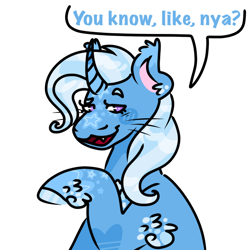 Size: 640x640 | Tagged: safe, artist:dozy-draws, trixie, pony, unicorn, g4, :3, alternate design, curved horn, dialogue, fangs, horn, looking at you, nya, smiling, solo, unshorn fetlocks