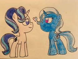 Size: 2048x1536 | Tagged: safe, artist:jesslmc16, starlight glimmer, trixie, pony, unicorn, g4, female, heart, lesbian, ship:startrix, shipping, smiling, traditional art