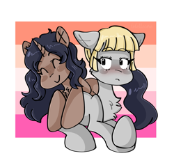 Size: 1383x1311 | Tagged: safe, artist:lolettecore, oc, earth pony, pony, unicorn, attack on titan, chest fluff, cute, duo, earth pony oc, eyebrows, eyebrows visible through hair, female, floppy ears, lesbian, love, mahogany, ponified, shading, yelena (attack on titan)