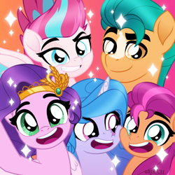 Size: 4000x4000 | Tagged: safe, artist:orin331, hitch trailblazer, izzy moonbow, pipp petals, sunny starscout, zipp storm, earth pony, pegasus, pony, unicorn, g5, my little pony: tell your tale, absurd resolution, cheek squish, female, grin, group, group photo, looking at each other, looking at someone, looking at you, male, mane five, mare, open mouth, pony history, quintet, selfie, simple background, smiling, smirk, sparkles, squishy cheeks, stallion
