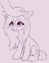 Size: 700x900 | Tagged: safe, artist:luminousdazzle, oc, oc only, oc:linnea, earth pony, pony, chest fluff, cute, earth pony oc, female, hand, long hair, long mane, looking up, mare, petting, simple background, sitting, sketch, smiling