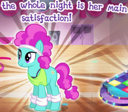 Size: 405x354 | Tagged: safe, gameloft, flashdancer, earth pony, pony, g4, female, mare, meme, night, out of context, smiling, solo, standing, tail, text, two toned mane, two toned tail, wow! glimmer