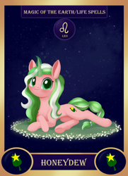 Size: 1300x1800 | Tagged: safe, artist:dusthiel, part of a set, oc, oc:honeydew, pony, unicorn, card, female, leo, lying down, mare, prone, solo