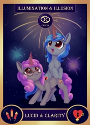 Size: 1300x1800 | Tagged: safe, artist:dusthiel, part of a set, oc, oc only, oc:clarity, oc:lucid, pony, cancer (horoscope), card, female, fireworks, mare