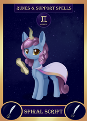 Size: 1300x1800 | Tagged: safe, artist:dusthiel, part of a set, oc, oc only, oc:spiral script, pony, card, cloak, clothes, female, gemini, magic, mare, scroll, solo