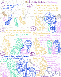 Size: 4779x6013 | Tagged: safe, artist:adorkabletwilightandfriends, dj pon-3, lyra heartstrings, moondancer, spike, vinyl scratch, oc, oc:pinenut, cat, dragon, pony, unicorn, comic:adorkable twilight and friends, g4, above, adorkable, adorkable friends, archer, armor, armor skirt, back, bow, butt, clothes, comic, computer, concerned, cute, dork, dress, elder scrolls, fantasy, fantasy class, female, friendship, high angle, humor, imagine spot, laptop computer, mage, male, mare, peasant, perspective, plot, roleplay, roleplaying, silly, skirt, torn clothes, video game, warrior