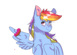 Size: 2800x2000 | Tagged: safe, artist:valkiria, derpibooru exclusive, rainbow dash, pegasus, pony, g4, animated, blushing, cheek fluff, chest fluff, cute, dashabetes, donut, ear fluff, eyelashes, female, food, frame by frame, gif, heart eyes, high res, mare, shoulder fluff, simple background, smiling, solo, spread wings, white background, wingding eyes, wings