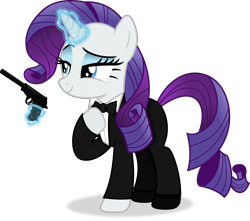 Size: 5224x4628 | Tagged: safe, artist:anime-equestria, rarity, pony, unicorn, g4, bowtie, clothes, eyeshadow, female, full body, glowing, glowing horn, gun, handgun, hoof on chest, horn, levitation, lidded eyes, magic, makeup, mare, pistol, shadow, silencer, simple background, smiling, smirk, solo, spy, standing, suit, suppressor, tail, telekinesis, transparent background, tuxedo, vector, walther ppk, weapon