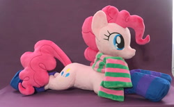 Size: 2595x1599 | Tagged: safe, artist:egalgay, pinkie pie, earth pony, pony, g4, clothes, irl, photo, plushie, scarf, solo, striped scarf