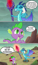 Size: 896x1540 | Tagged: safe, artist:silverbuller, edit, edited screencap, screencap, princess ember, spike, dragon, g4, gauntlet of fire, bloodstone scepter, comic, dragon lord ember, female, male, screencap comic, ship:emberspike, shipping, speech bubble, straight, yelling