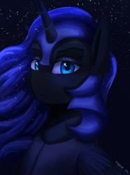 Size: 1000x1346 | Tagged: safe, artist:vezja, nightmare moon, alicorn, pony, g4, armor, breastplate, bust, ethereal mane, female, flowing mane, helmet, horn, looking at you, mare, night, portrait, simple background, solo, stars, wings