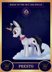 Size: 1300x1800 | Tagged: safe, artist:dusthiel, part of a set, oc, oc only, oc:presto, pony, unicorn, bowtie, card, cloud, libra, magic, male, solo, stallion