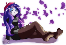 Size: 1420x967 | Tagged: safe, artist:araiiara123, rarity, equestria girls, g4, beatnik rarity, beret, clothes, hat, lidded eyes, missing shoes, solo, stocking feet, stockings, sweater, thigh highs