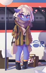 Size: 1305x2048 | Tagged: oc name needed, safe, artist:saxopi, oc, oc only, earth pony, semi-anthro, bag, brown eyes, clothes, eyebrows, eyebrows visible through hair, eyelashes, flag, flower, flower in hair, flower petals, hoof shoes, jacket, korea, no pupils, pants, paper, scarf, solo, standing, street sign, tail, train, white hair, white mane, white tail
