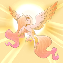 Size: 3600x3600 | Tagged: safe, artist:sinstormfiend, princess celestia, alicorn, pony, g4, alternate universe, backlighting, ethereal fetlocks, ethereal mane, ethereal tail, eyes closed, female, helmet, high res, mare, redesign, smiling, solo, spread wings, sun, tail, wings