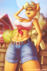 Size: 800x1200 | Tagged: safe, artist:shad0w-galaxy, applejack, earth pony, anthro, g4, abs, applebucking thighs, applejack's hat, belly button, belt, big breasts, breasts, busty applejack, clothes, cowboy hat, farm, female, fence, freckles, front knot midriff, hat, jeans, looking at you, mare, midriff, muscles, muscular female, open mouth, pants, sexy, shirt, shorts, smiling, solo, t-shirt, thighs, thunder thighs