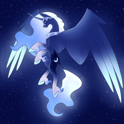 Size: 3600x3600 | Tagged: safe, artist:sinstormfiend, princess luna, alicorn, pony, g4, alternate universe, ethereal fetlocks, ethereal mane, ethereal tail, eyes closed, female, flying, helmet, high res, mare, night, redesign, sky, solo, stars, tail